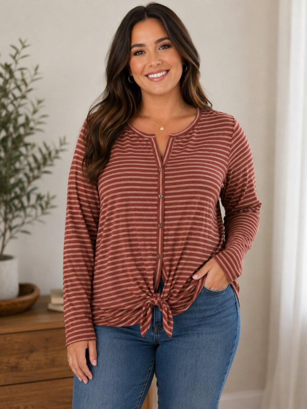Denver Hayes Women's Large Rust Striped Long Sleeve Tie Front Top Casual Knit